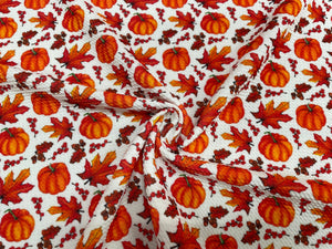 Fall Pumpkin Leaves Bullet Print #407 Ribbed Scuba Techno Double Knit 2-Way Stretch Poly Spandex Apparel Craft Fabric 58"-60" Wide BTY