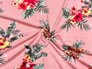 Pineapple Tropical Floral Pink DBP Print #513 Double Brushed Polyester Spandex Apparel Stretch Fabric 190 GSM 58"-60" Wide By The Yard