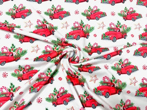 Classic Christmas Truck Xmas DBP Print #651 Double Brushed Polyester Spandex Apparel Stretch Fabric 190 GSM 58"-60" Wide By The Yard