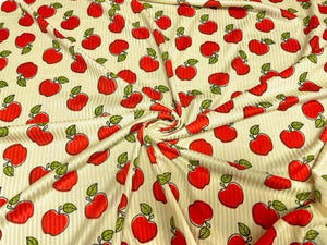 Apple Fruit Back to School 4x2 Rib Knit Print #168 Polyester Spandex Stretch 190GSM Apparel Fabric 58"-60" Wide By The Yard