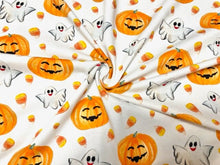 Load image into Gallery viewer, Pumpkin Candy Corn Ghost Cotton Spandex Print #64 230GSM Jersey Knit Stretch Exercise Apparel Fabric Photography 58&quot;-60&quot; Wide By The Yard