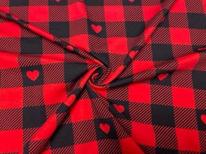 Buffalo Plaid Heart Red Cotton Spandex Print #69 230GSM Jersey Knit Stretch Exercise Apparel Fabric Photography 58"-60" Wide By The Yard