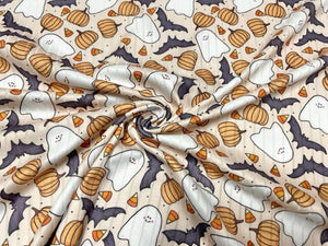 8x3 Rib Brittany Frost Designs Bat Ghost DBP Knit Print #371 Brushed Poly Spandex Stretch 190GSM Apparel Fabric 58"-60" Wide By The Yard