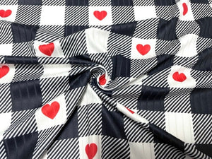 8x3 Buffalo Plaid Heart DBP Knit Print #395 Double Brushed Poly Spandex Stretch 190GSM Apparel Fabric 58"-60" Wide By The Yard