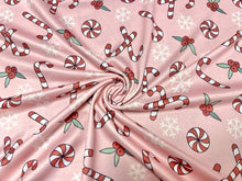 Load image into Gallery viewer, Candy Cane Snowflake DBP Print #884 Double Brushed Polyester Spandex Apparel Stretch Fabric 190 GSM 58&quot;-60&quot; Wide By The Yard