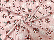 Load image into Gallery viewer, 8x3 Candy Cane Christmas Snowflake DBP Knit Print #408 Double Brushed Poly Spandex Stretch 190GSM Apparel Fabric 58&quot;-60&quot; Wide By The Yard