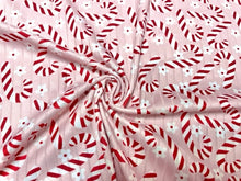 Load image into Gallery viewer, 8x3 Rib Brittany Frost Designs Candy Canes DBP Knit Print #416 Brushed Poly Spandex Stretch 190GSM Apparel Fabric 58&quot;-60&quot; Wide By The Yard