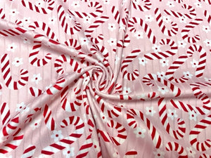 8x3 Rib Brittany Frost Designs Candy Canes DBP Knit Print #416 Brushed Poly Spandex Stretch 190GSM Apparel Fabric 58"-60" Wide By The Yard