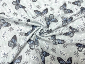 4x2 Rib Knit Brittany Frost Designs Butterfly Snow DBP Print #428 Double Brush Poly Spandex Stretch 190GSM Fabric 58"-60" Wide By The Yard
