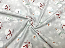 Load image into Gallery viewer, 4x2 Rib Knit Brittany Frost Designs Happy Snowmen DBP Print #436 Double Brush Poly Spandex Stretch 190GSM Fabric 58&quot;-60&quot; Wide By The Yard