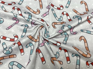 Brittany Frost Designs Candy Canes DBP Print #908 Double Brushed Polyester Spandex Apparel Stretch Fabric 190 GSM 58"-60" Wide By The Yard