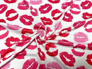 8x3 Rib Lips Kiss Valentine's Day DBP Knit Print #485 Double Brushed Poly Spandex Stretch 190GSM Apparel Fabric 58"-60" Wide By The Yard