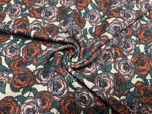 Brittany Frost Designs V-Day Roses Bullet Print #819 Ribbed Scuba Double Knit Stretch Poly Spandex Apparel Craft Fabric 58"-60" Wide BTY