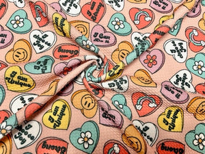 Brittany Frost Designs Candy Hearts Bullet Print #820 Ribbed Scuba Double Knit Stretch Poly Spandex Apparel Craft Fabric 58"-60" Wide BTY