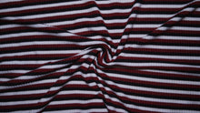 Load image into Gallery viewer, Black and Burgundy Striped Ribbed Jersey Knit #299 Rayon Poly Spandex Stretch Apparel Fabric 58&quot;-60&quot; Wide By The Yard