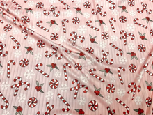 Load image into Gallery viewer, 8x3 Candy Cane Christmas Snowflake DBP Knit Print #408 Double Brushed Poly Spandex Stretch 190GSM Apparel Fabric 58&quot;-60&quot; Wide By The Yard