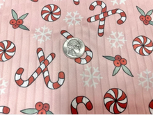 Load image into Gallery viewer, 8x3 Candy Cane Christmas Snowflake DBP Knit Print #408 Double Brushed Poly Spandex Stretch 190GSM Apparel Fabric 58&quot;-60&quot; Wide By The Yard